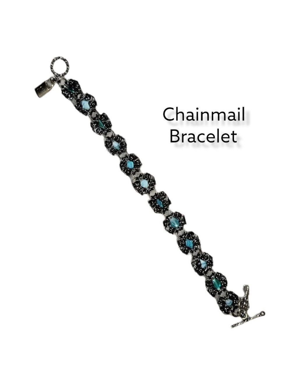 Chainmail Bracelet Gun Metal Flower Key Lock Charm #B13